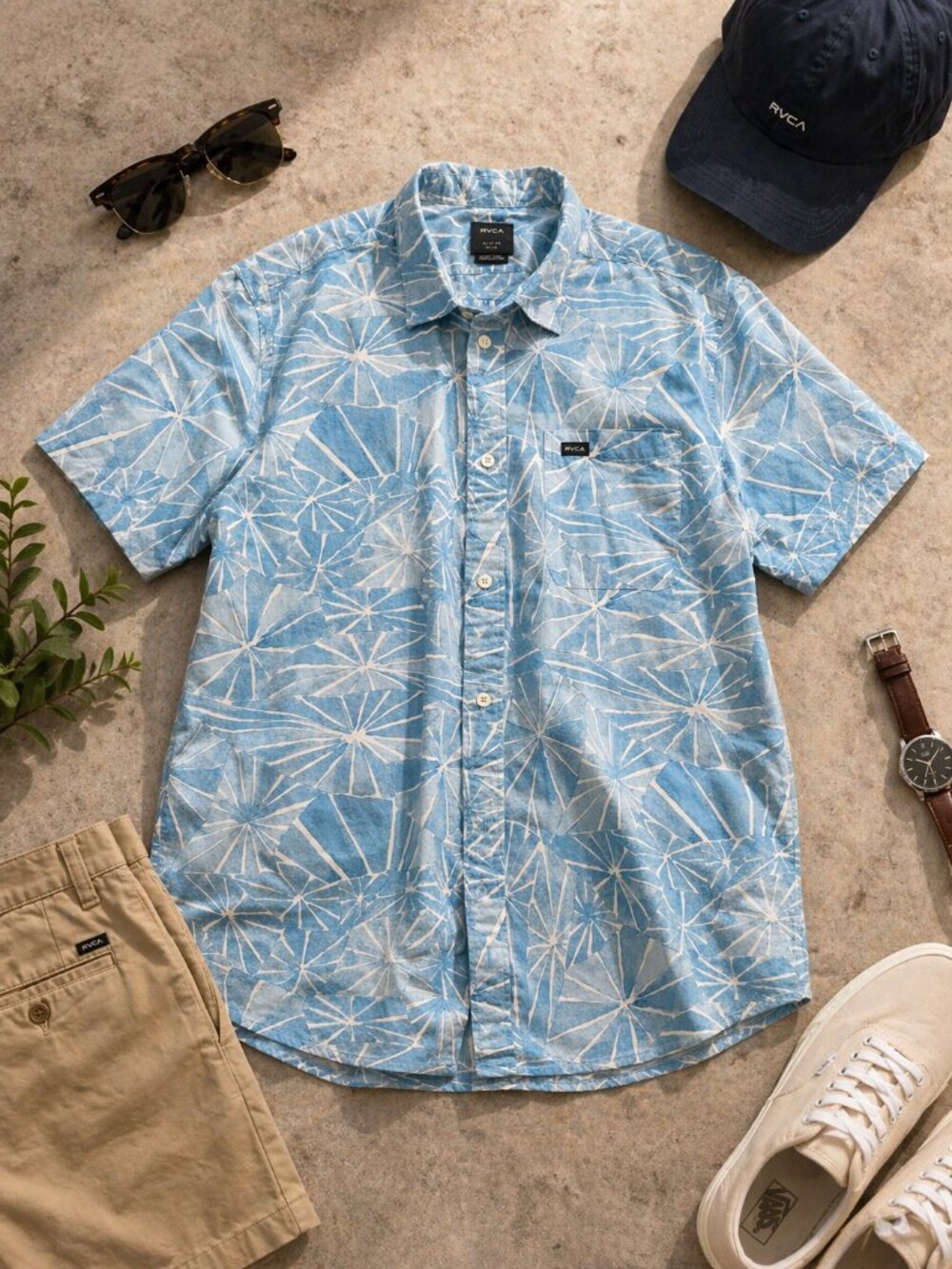 RVCA Blue Tropical Print Slim Fit Button Up Shirt Medium